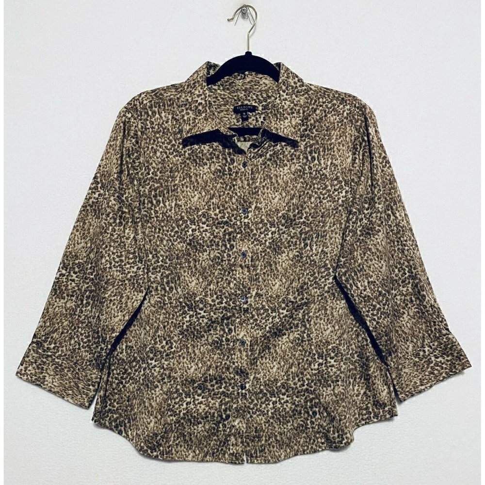 Talbots Button Up Top Womens 16 Leopard Print 3/4 Sleeves Cotton Stretch